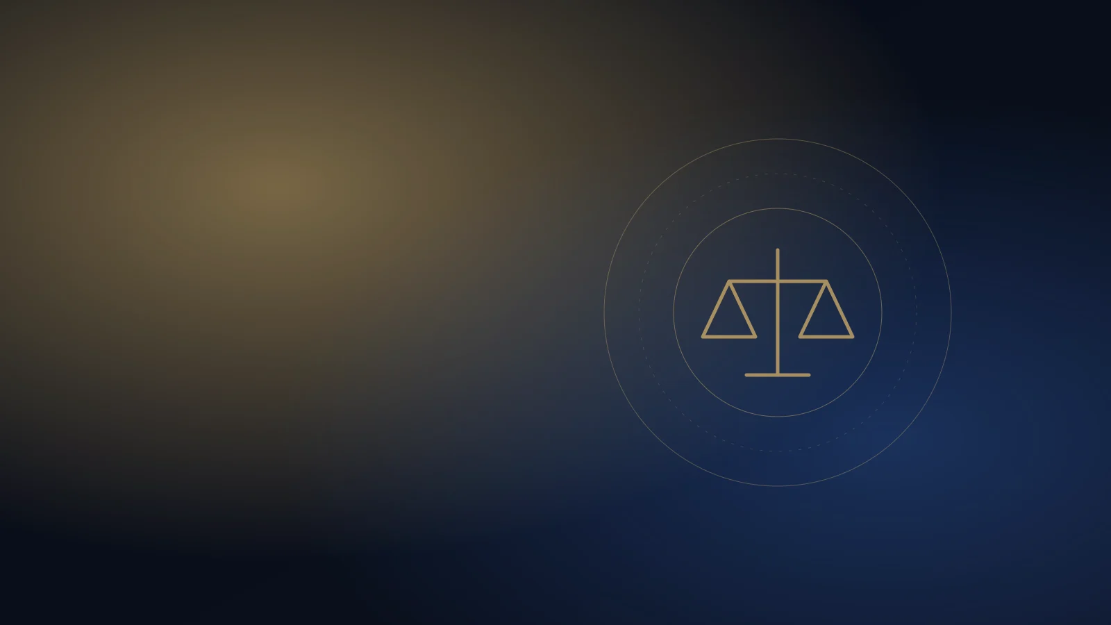 Abstract illustration: a brass seal of balanced scales on a dark navy field